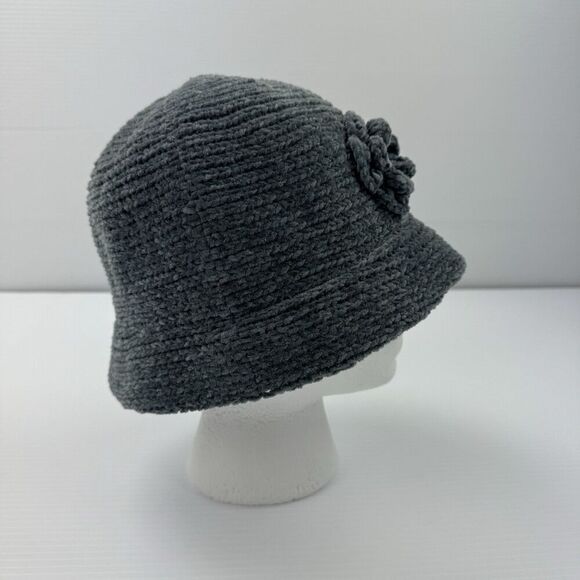 August T Gray Chenille Cloche Bucket Hat Flower Accent Winter Warm Soft Acrylic - Picture 4 of 10
